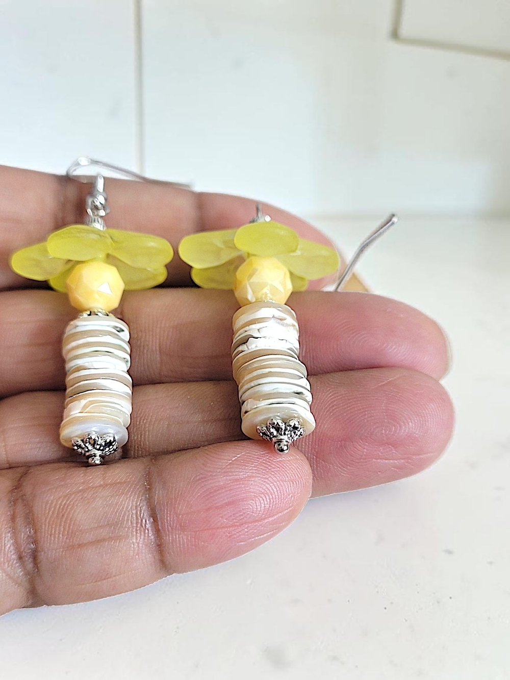 Hand Crafted Yellow Lucite, Glass & Mother of Pearl Shell Stack Dangle Earrings - Picture 9 of 10